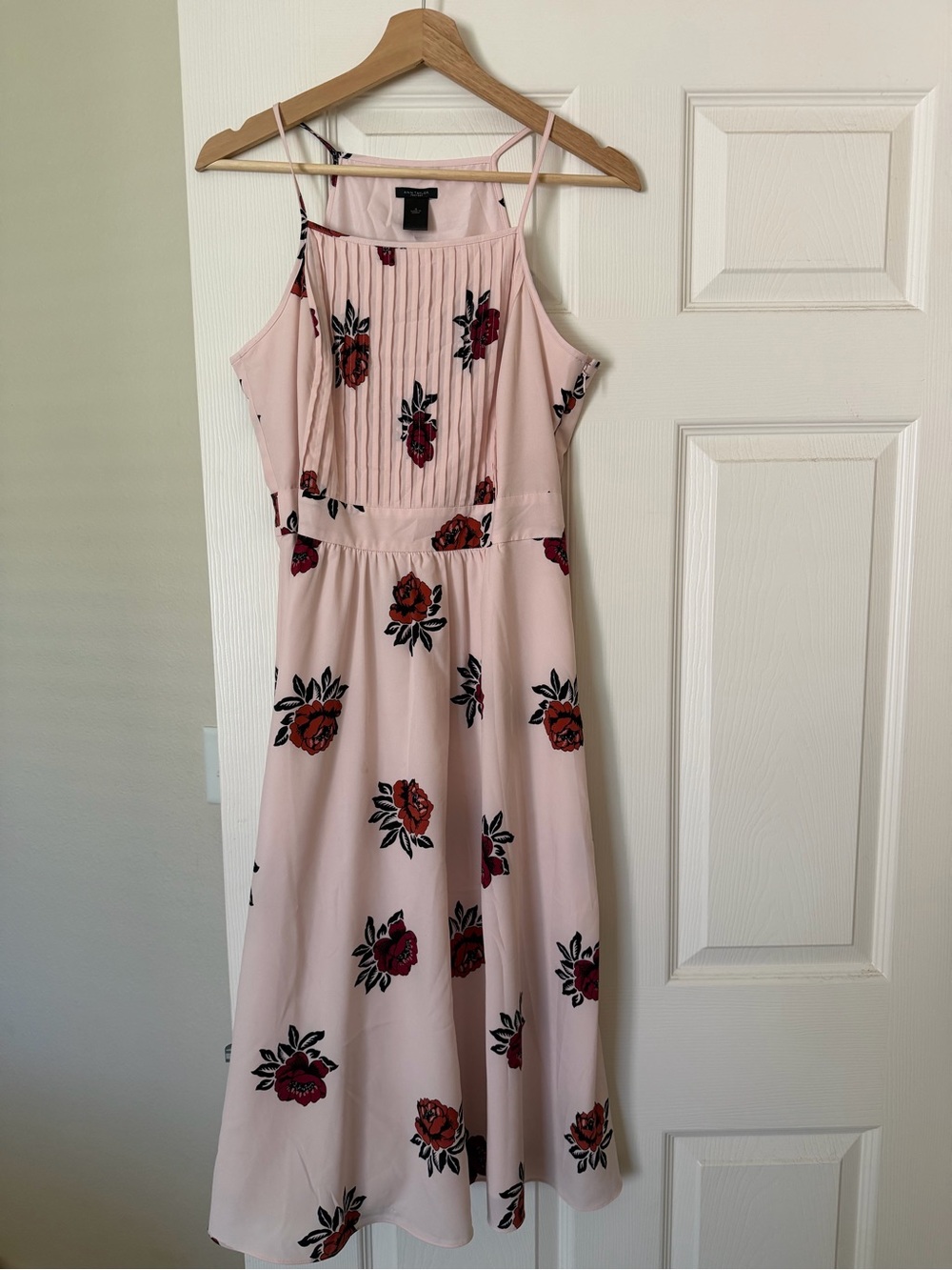 Ann Taylor Pink Midi Dress with Red Rose Print